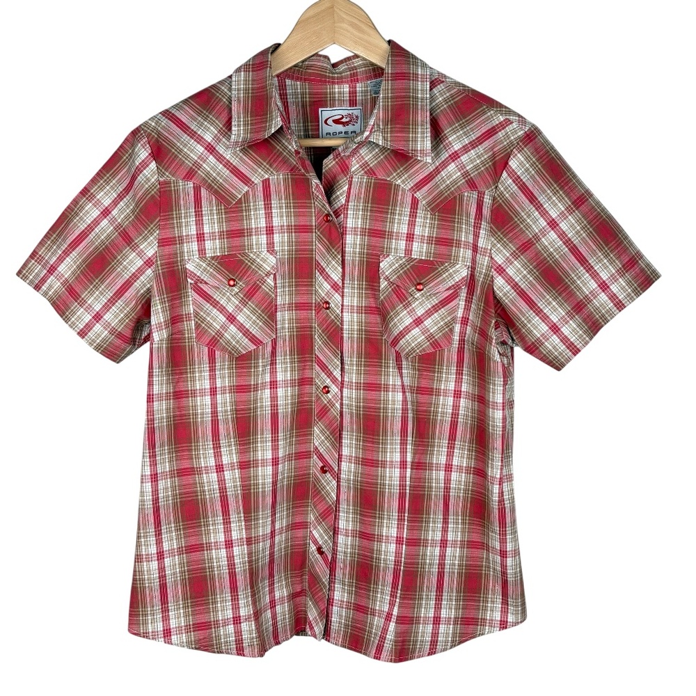 Roper Western‎ Pearl Snap Shirt Red Plaid Metallic Y2K Rodeo Women's Size Large